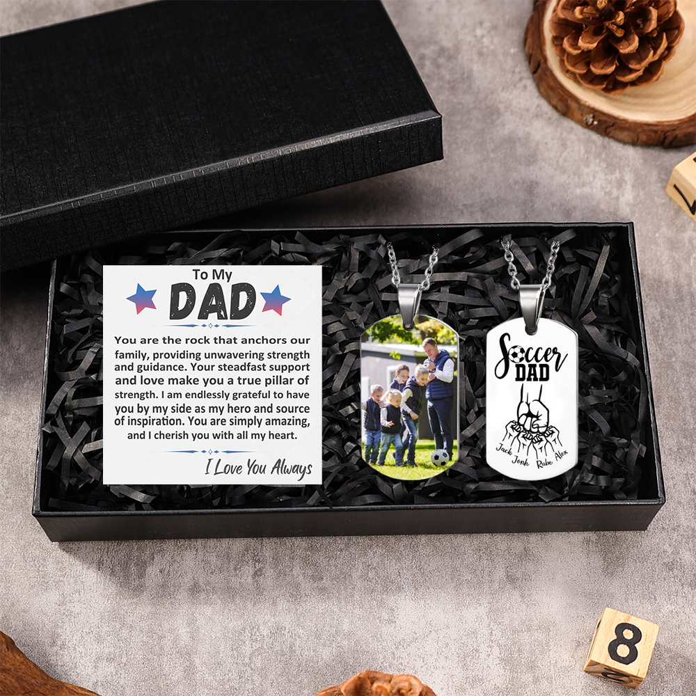 Engraved ‘Soccer Dad’ Necklace – Custom Dog Tag with 1 Photo & 4 Names – Personalized Father’s Day Present for Him | Lorajewel