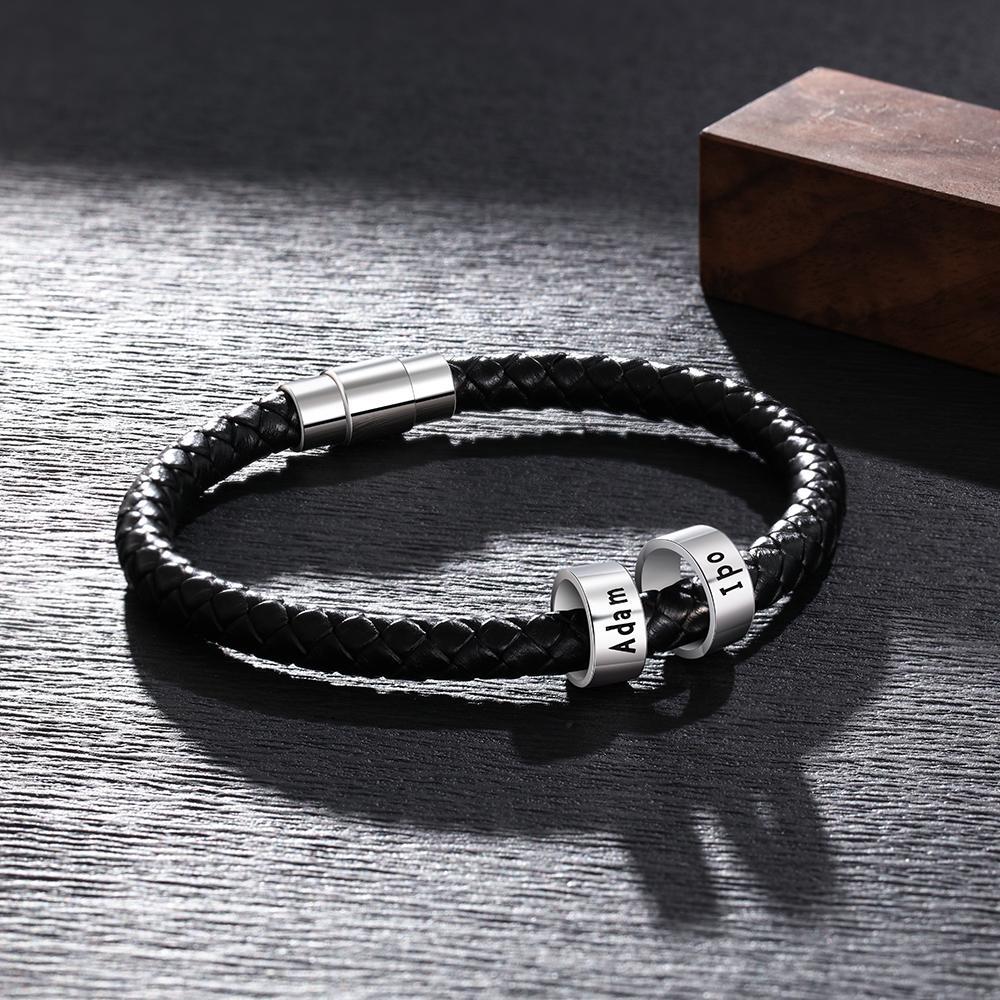 Men Leather Braided Rope Bracelet with 1 Custom Bead Sterling Silver Engravable Black Bracelet for Men