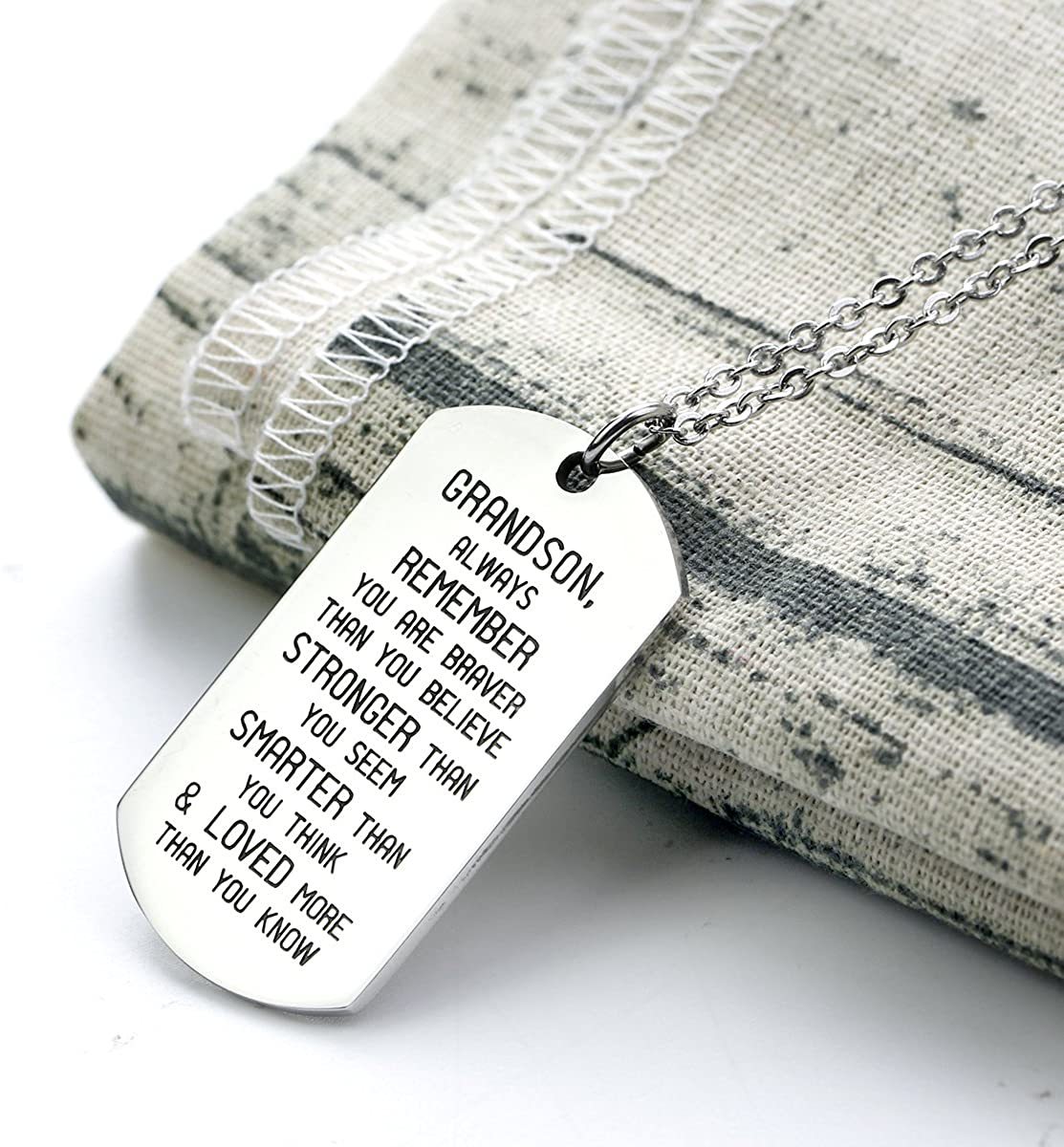 To My Grandson Dog Tag Necklace Inspirational Gift "Loved More Than You Know"