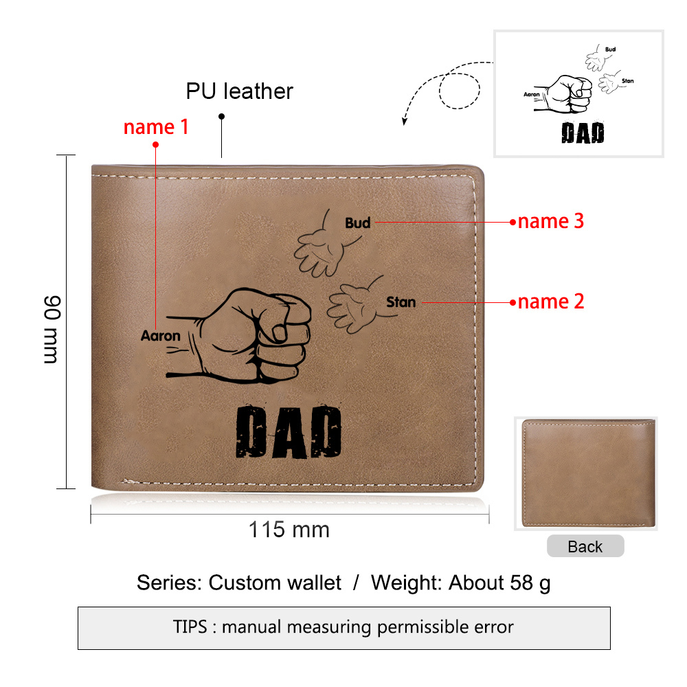 Personalized 3 Names Men Leather Wallet Handcrafted in the USA-Custom Engraved Names Brown Wallet Fist Bump Folding Wallet Gift For Dad