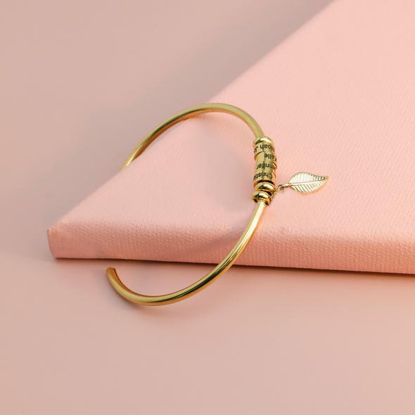 Women Bangle Bracelet with Leaf and Bead Engraved 1 Name Gifts for Mother