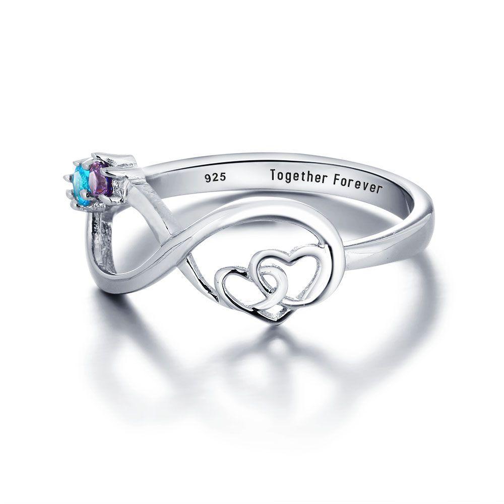 S925 Infinity Ring Double Heart Promise Ring Personalized with 2 Birthstones Engraved Sterling Silver Ring