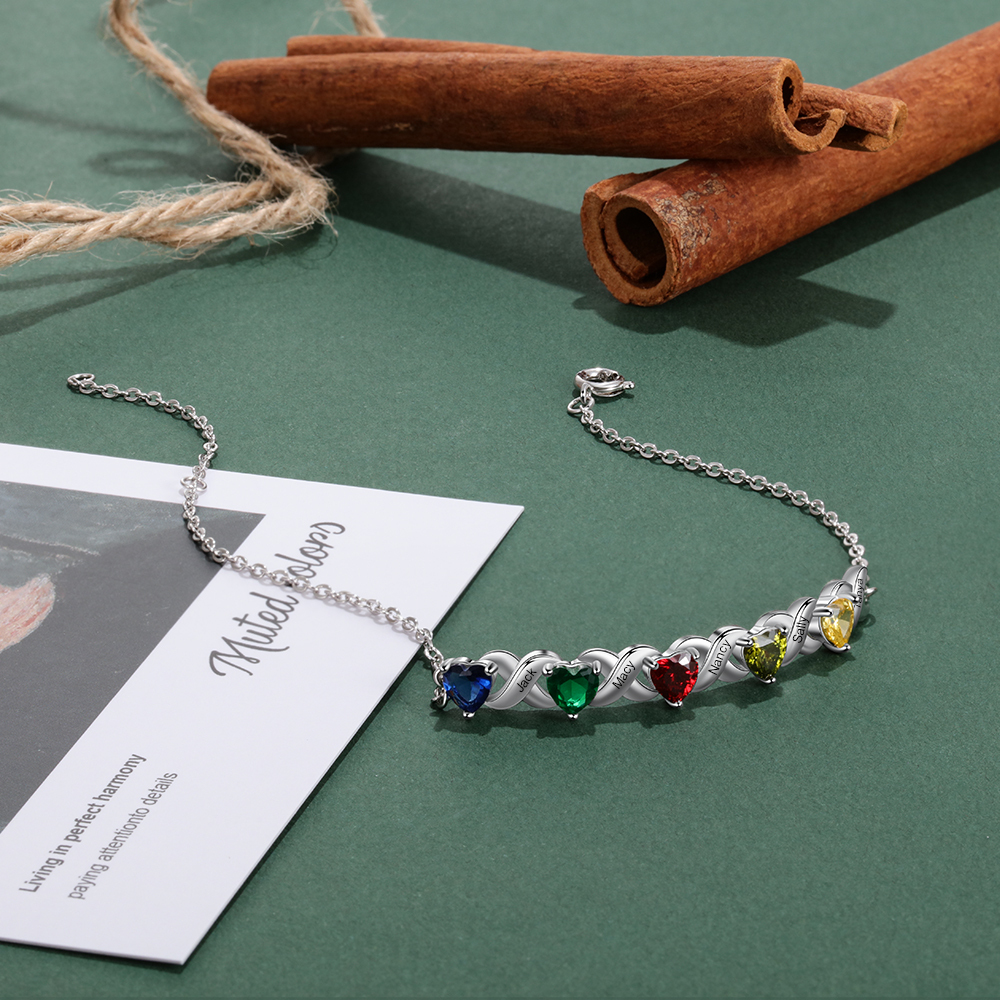 Family Custom Bracelet Heart Personalized with 5 Birthstones
