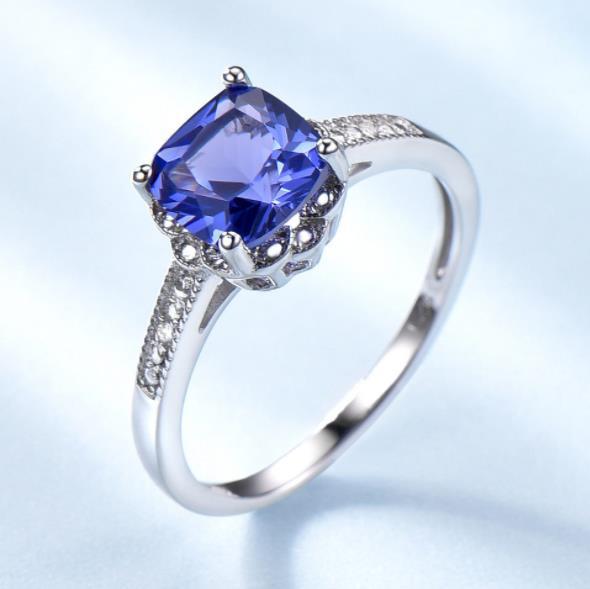 Square Cut Tanzanite Ring with Diamond In Sterling Silver