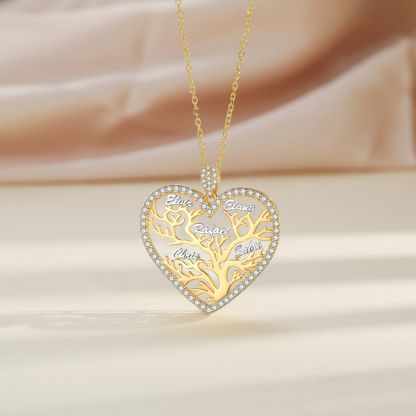 Personalized Family Tree Necklace, Custom 5 Names Heart Necklace Woman Gift For Her