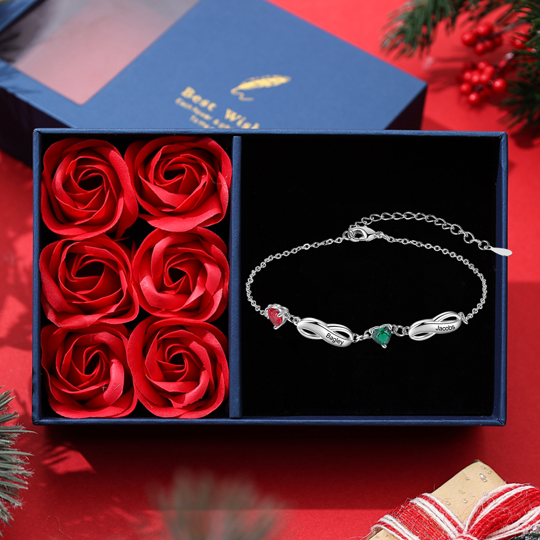 Infinity Bracelet with 2 Heart Shape Birthstones Family Bracelet for Mom