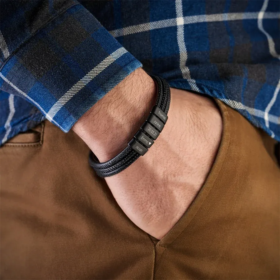 Personalized Family Necklace and Leather Bracelet Set with 5 Birthstones 5 Names Christmas Gift for Loved Ones