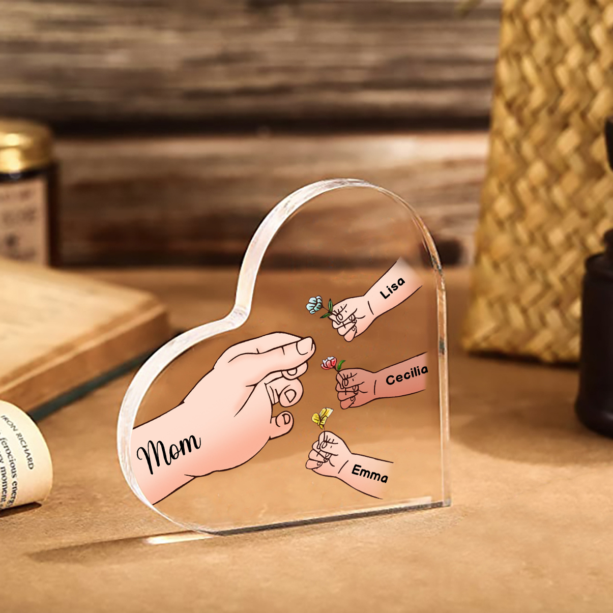 Personalized Text Acrylic Heart Keepsake Custom 1–8 Names & Flowers Ornament Handing Flowers Gifts For Mother/Grandma