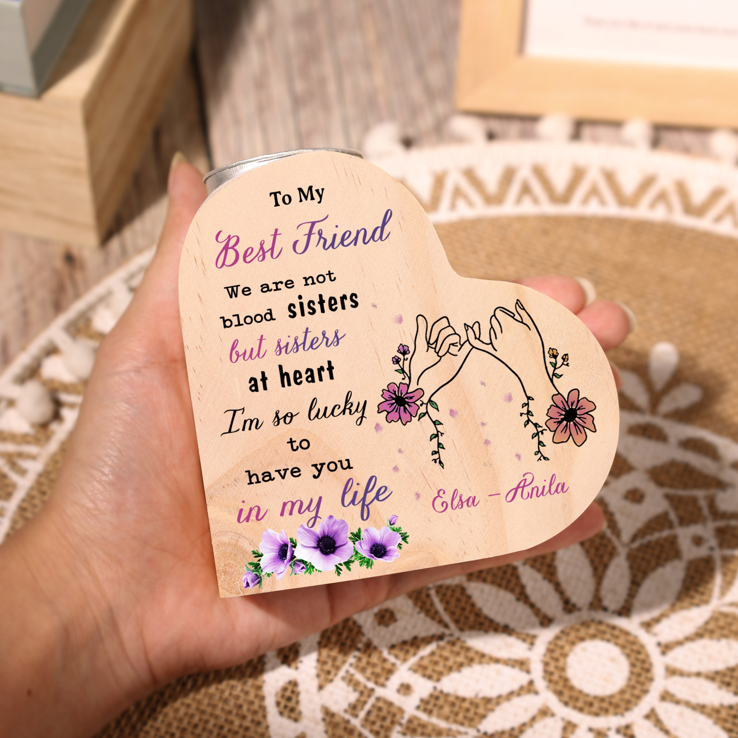 To My Best Friend Wooden Candle Holder Custom 2 Names Pinky Swear Candlesticks - We Are Not Blood Sisters But Sisters At Heart