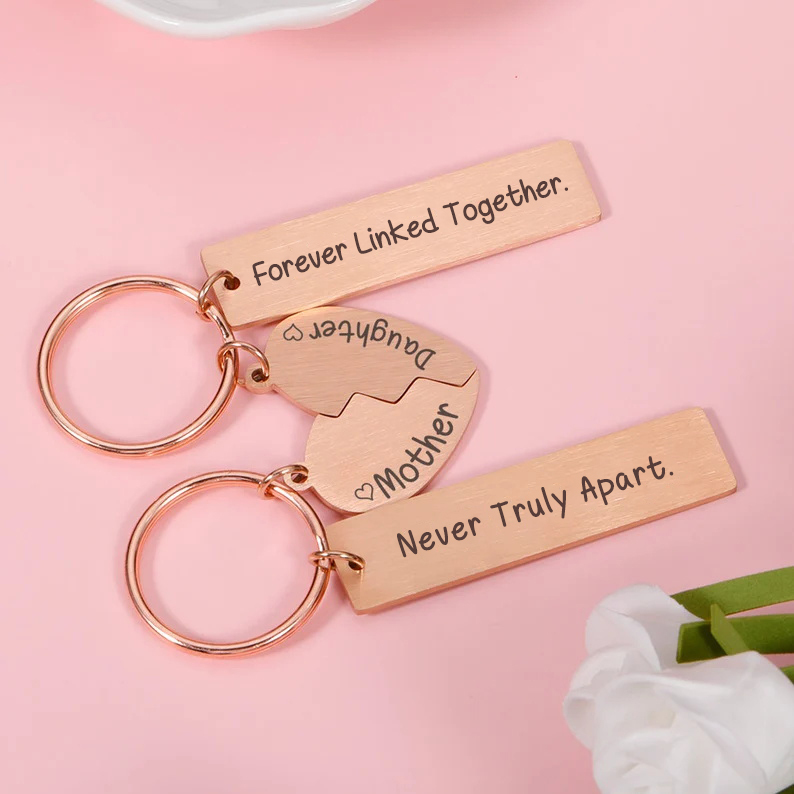 Mother and Daughter Keychain Personalized Two Soul One Heart Stainless Steel Keyring