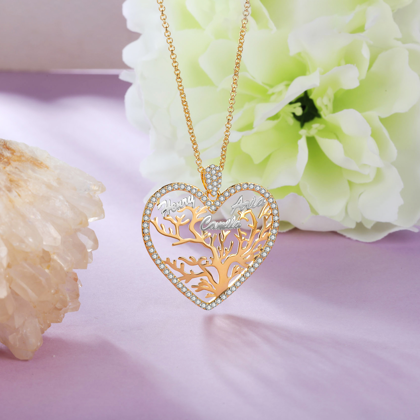 Personalized Family Tree Necklace, Custom 3 Names Heart Necklace Woman Gift