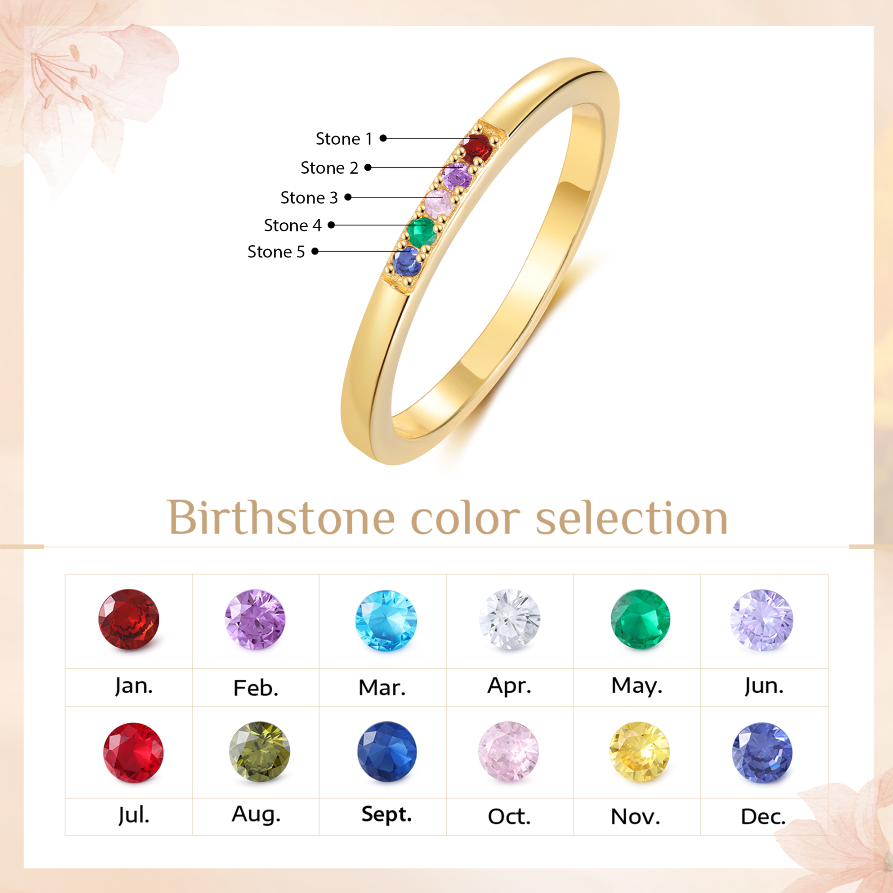 Personalized Women's Ring Custom 5 Birthstones Ring Birthday Gift for Her