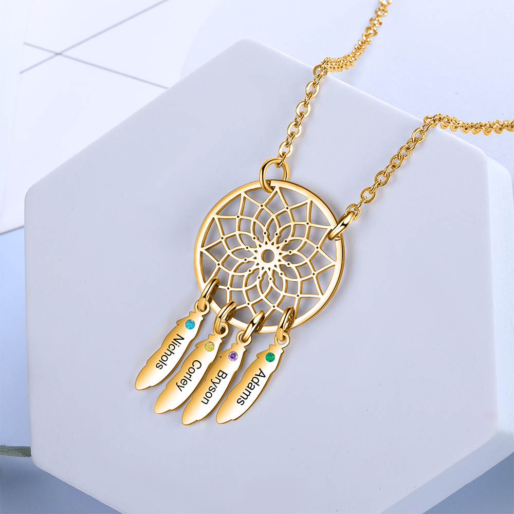 Personalized Dream Catcher Necklace with 4 Birthstones for Women