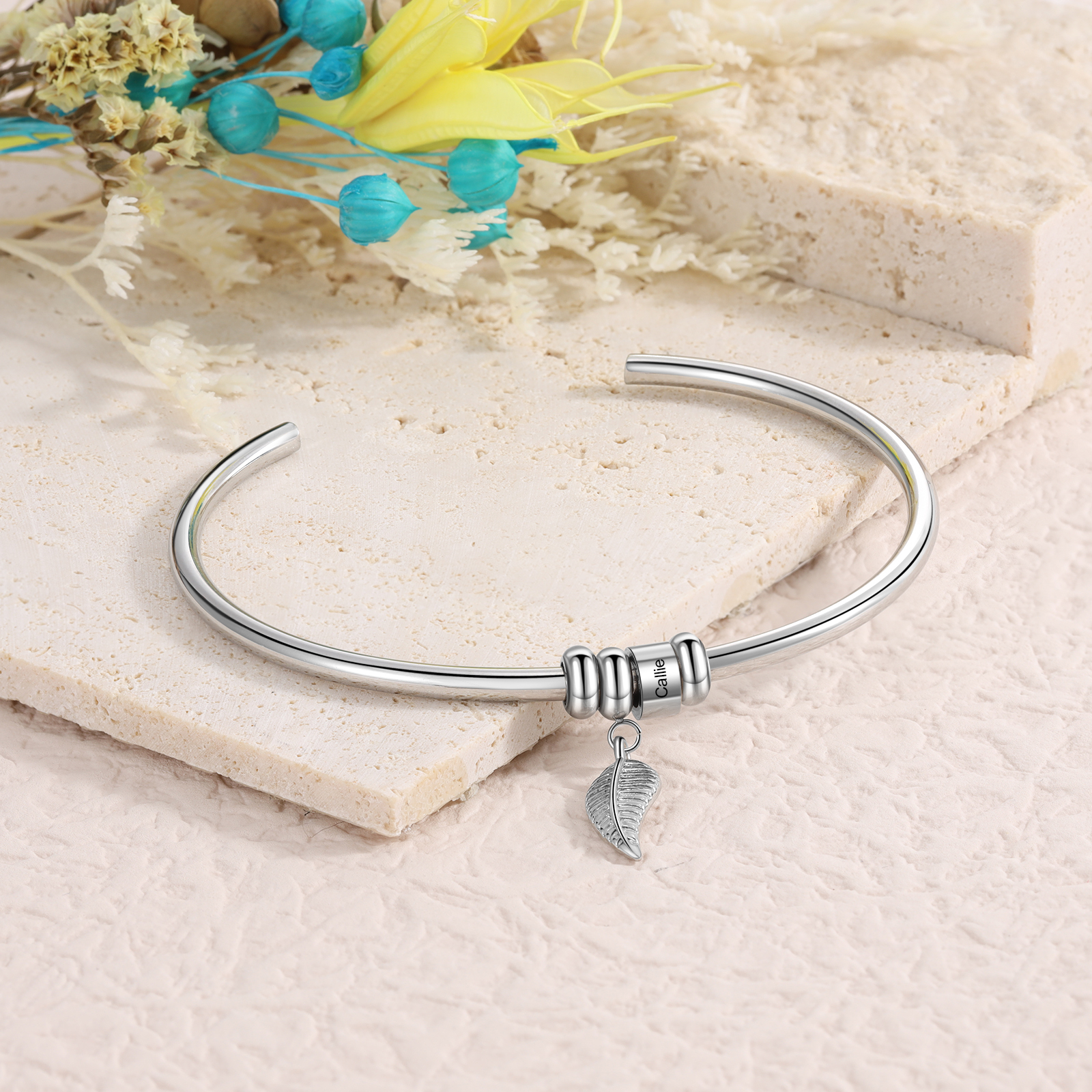 Women Bangle Bracelet with Leaf and Beads Engraved 1 Name Rose Gifts for Mother