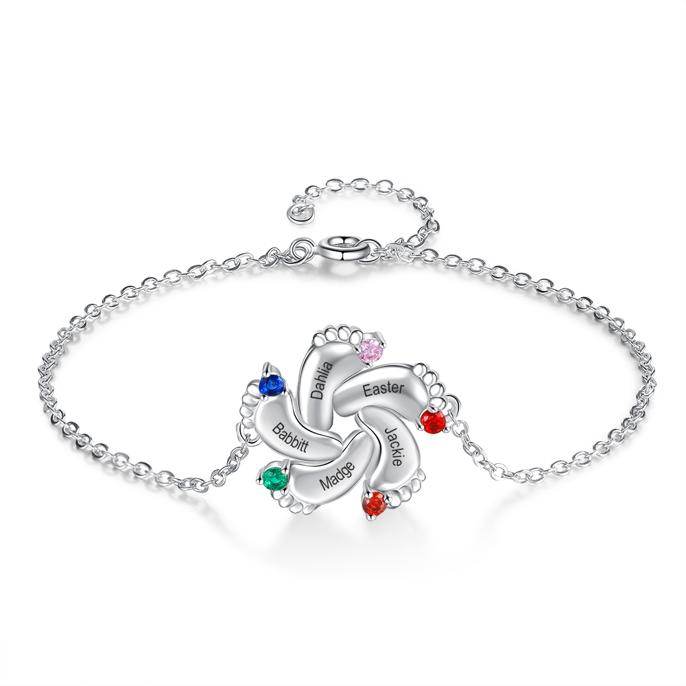 Baby Feet Necklace with 5 Birthstones Engraved 5 Names Family Necklace