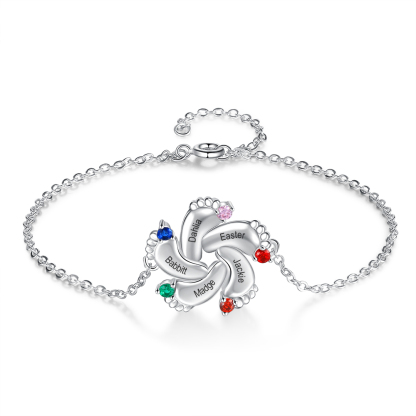 Baby Feet Necklace with 5 Birthstones Engraved 5 Names Family Necklace