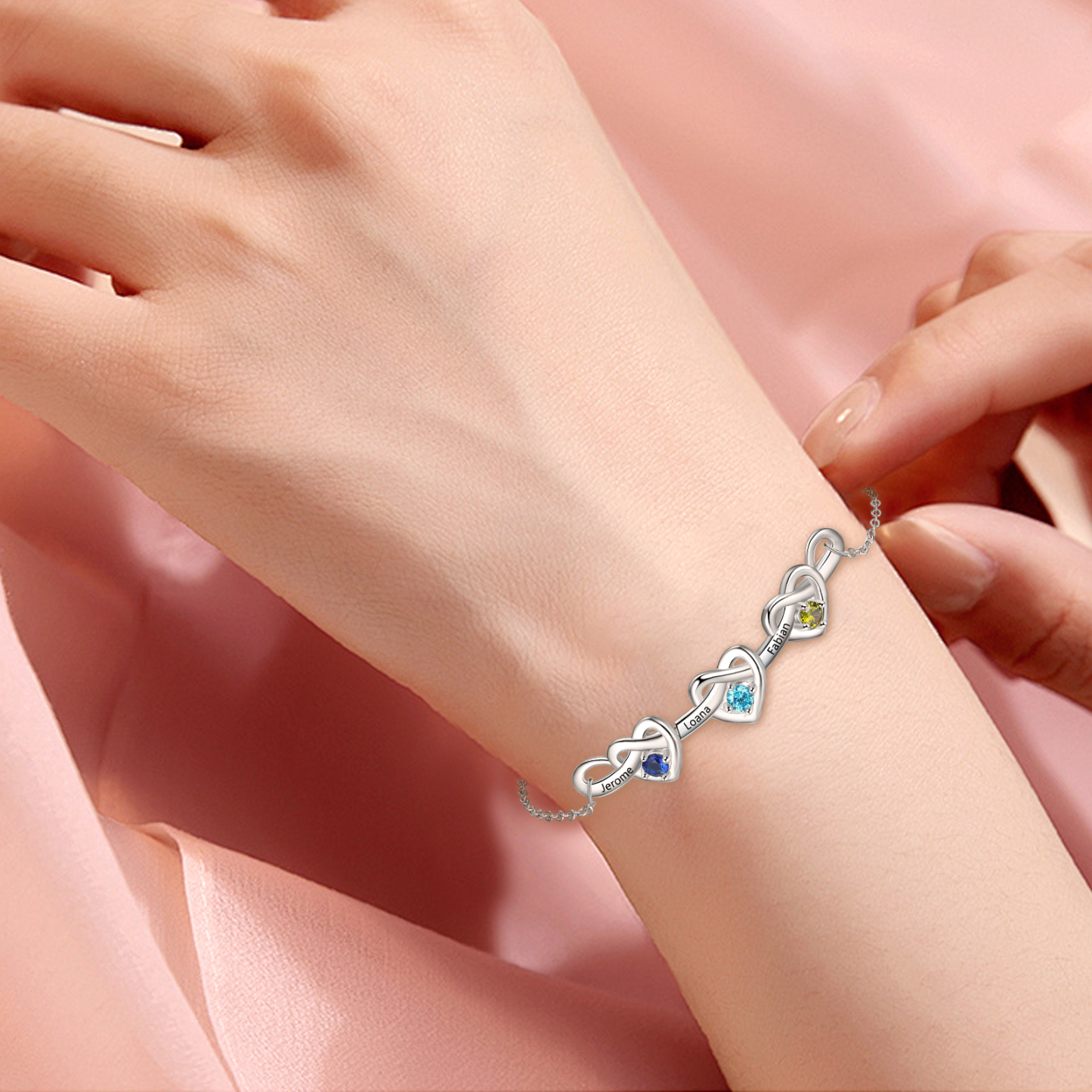 3 Names - Personalized Linked Heart Bracelet Custom 3 Birthstones Engraved Text Bracelets- Mother's Day Gift for Mom/Grandma