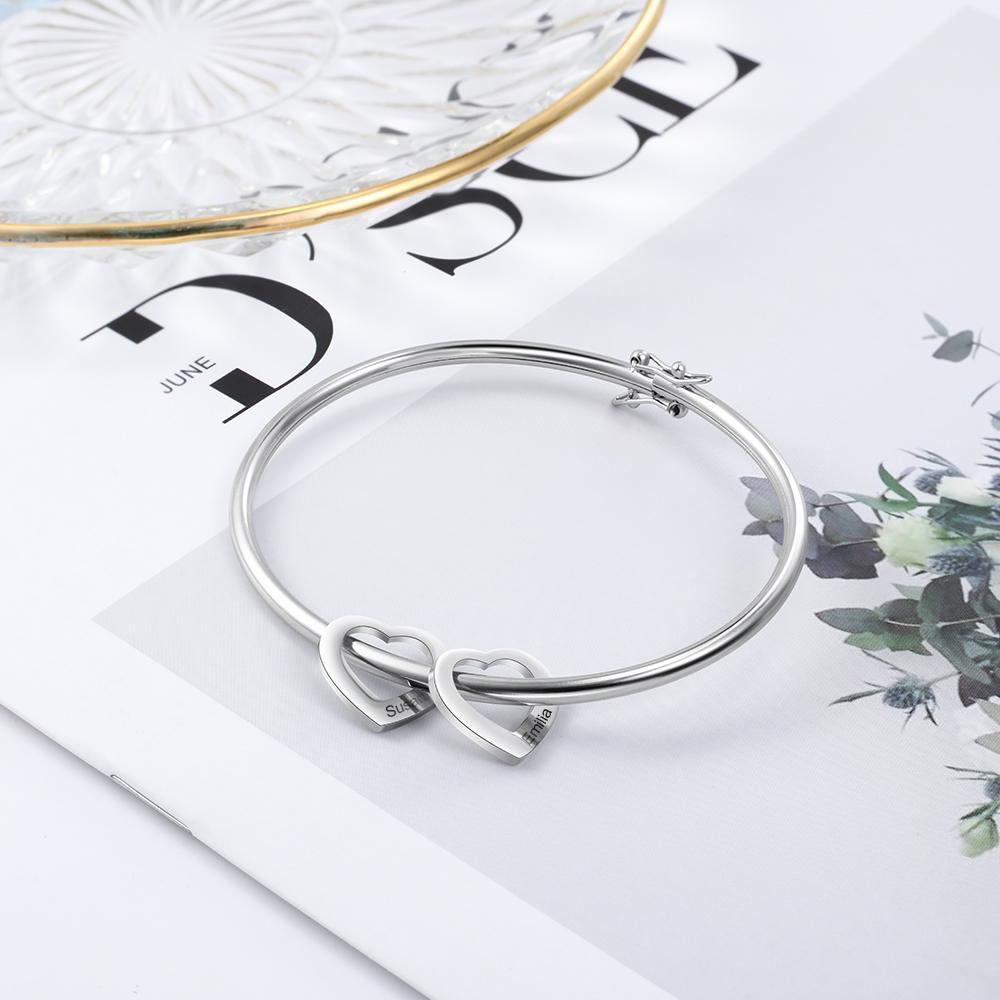 Personalized 2 Names Bracelet Heart Charms Bracelet Love Bangle Gifts for Her