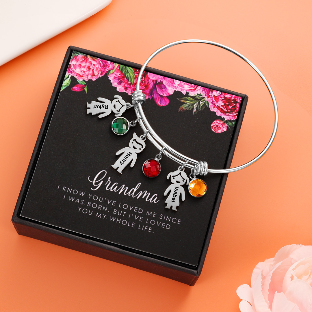 Bangle Bracelet with Kids Charms 2 Birthstone Engraved 2 Names Rose Box Set