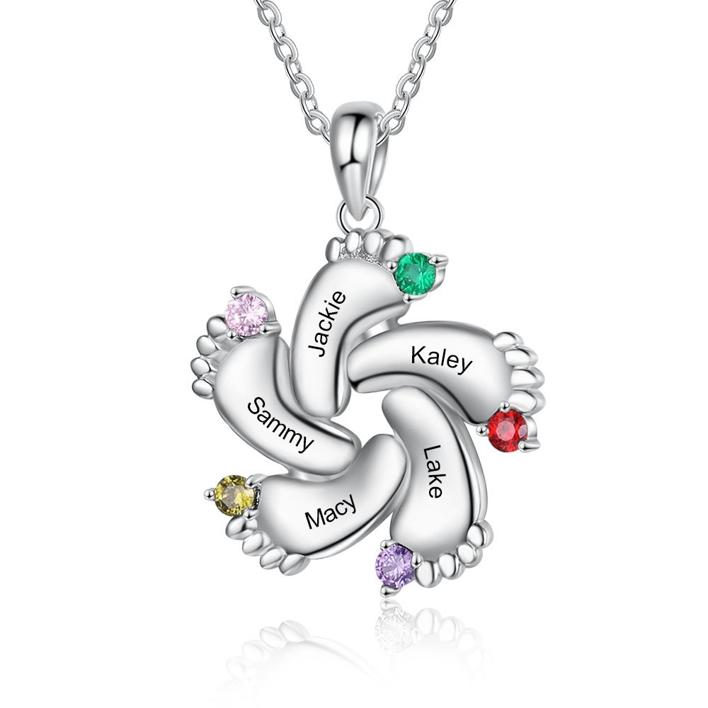 S925 Baby Feet Pendant Necklace with 1-4 Birthstones Engraved Names Gift for Mother