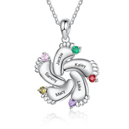 S925 Baby Feet Pendant Necklace with 1-4 Birthstones Engraved Names Gift for Mother