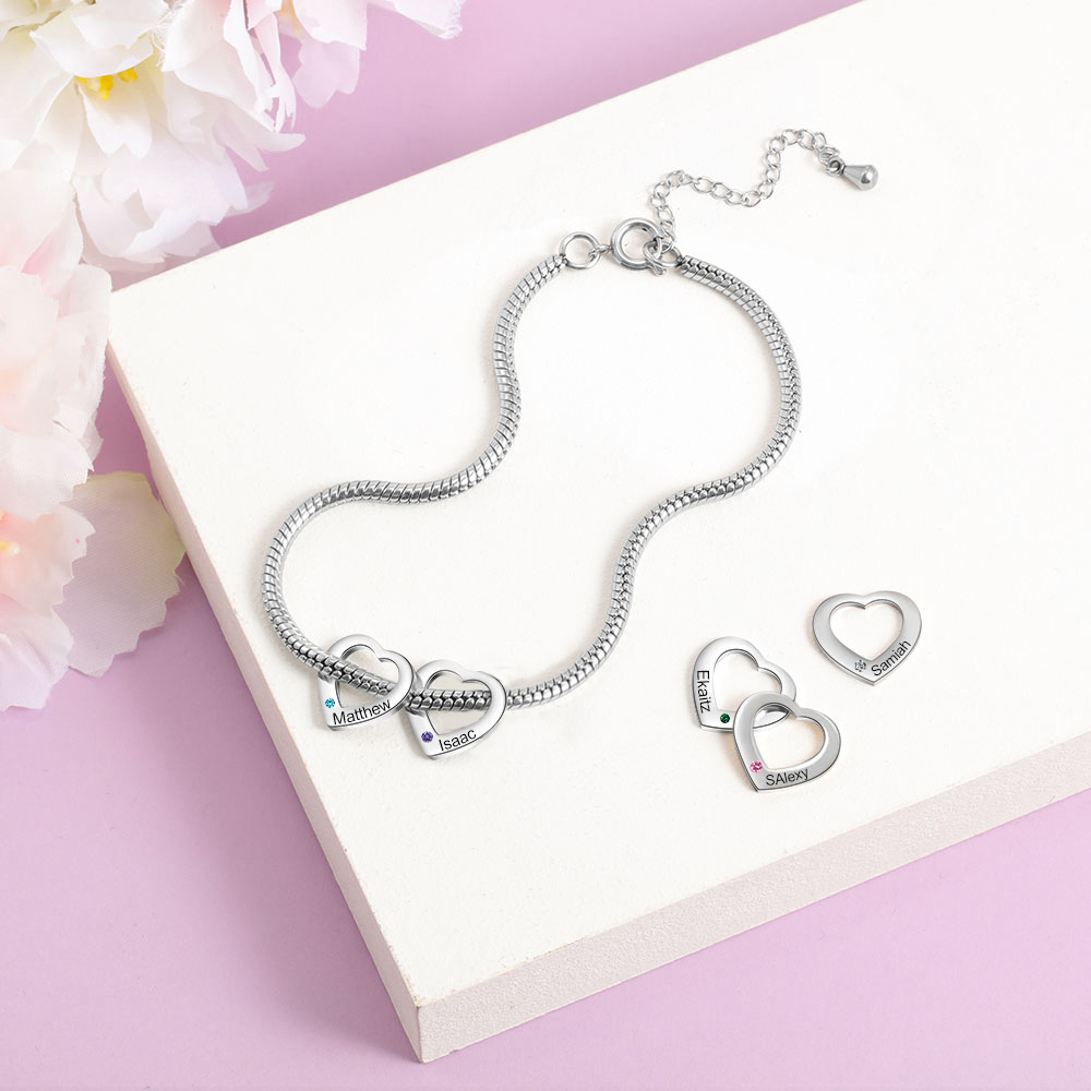 Custom Anklet Engraved 2 Names and Birthstones Heart Shaped Charm Personalized Bracelet for Women