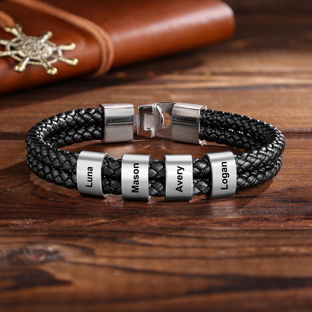 5 Names-Personalized Braided Leather Bracelet Engraved Men's Bracelet for Him