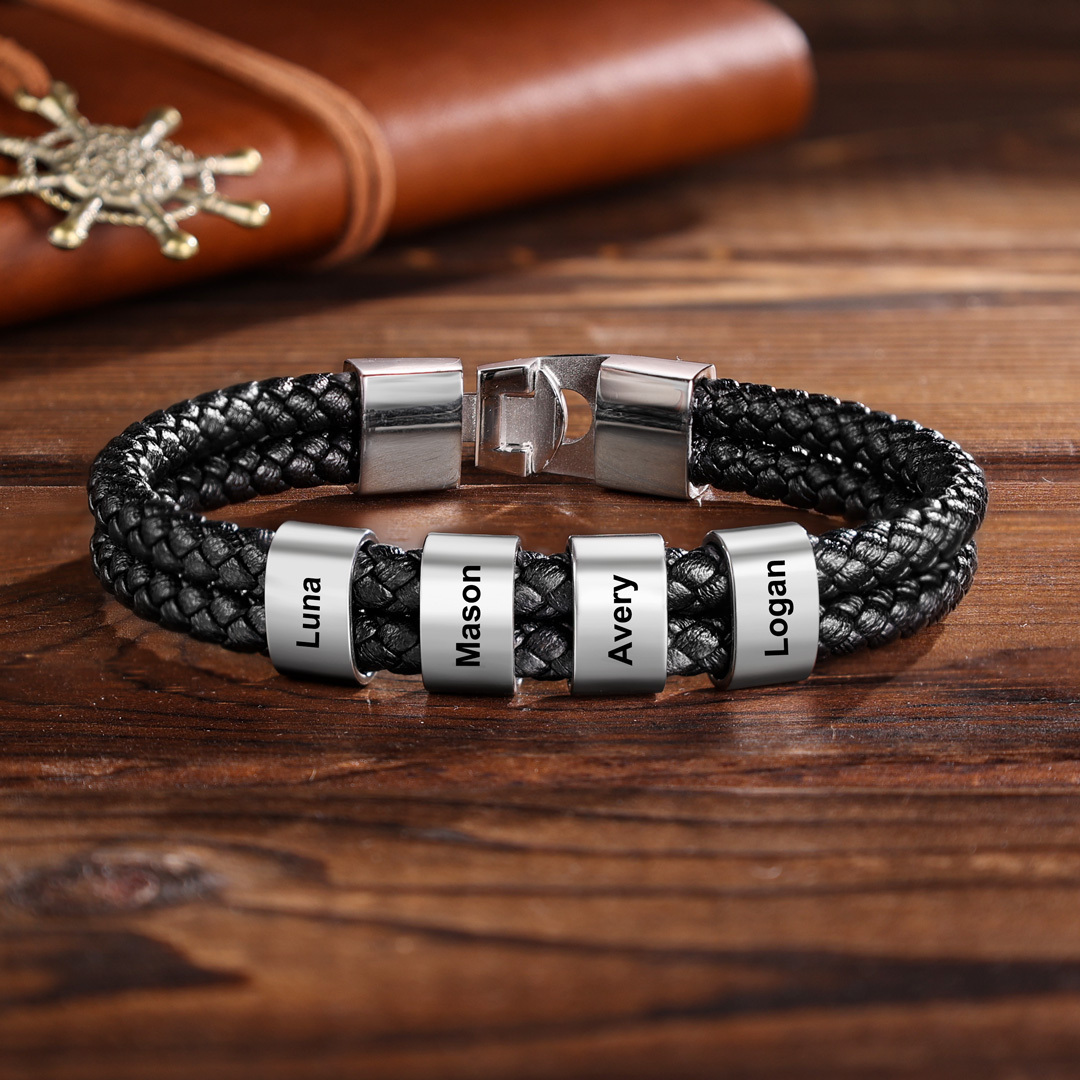 5 Names-Personalized Braided Leather Bracelet Engraved Men's Bracelet for Him