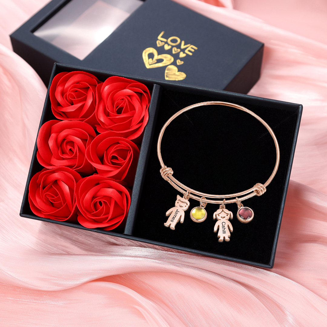 Bangle Bracelet with Kids Charms 2 Birthstone Engraved 2 Names Rose Box Set
