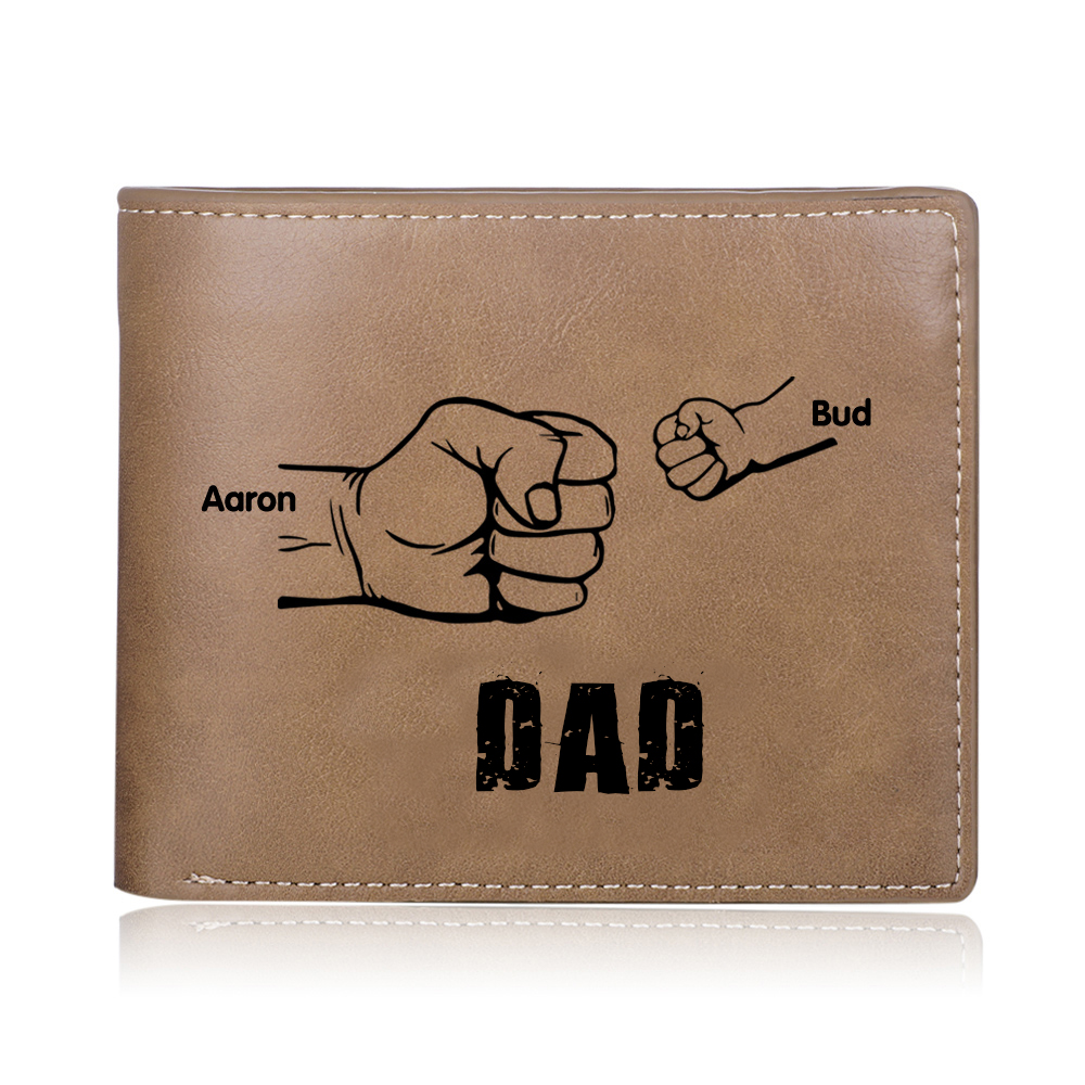 Personalized 2 Names Men Leather Wallet Handcrafted in the USA-Custom Photo & Name Folding Wallet Fist Bump Wallet Gift for Dad