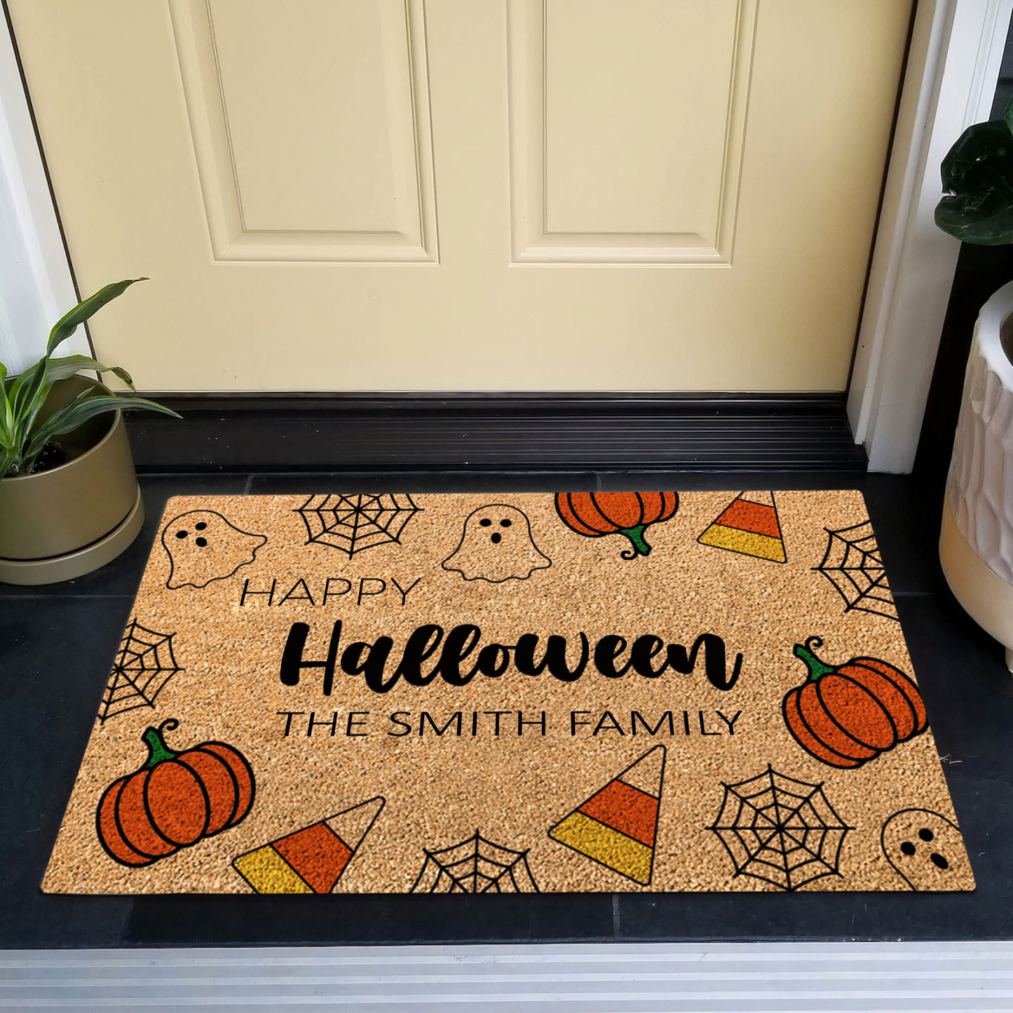 Personalized Halloween Doormat Pumpkin Spiderweb Ghost Doormat Home Decor - Happy Halloween