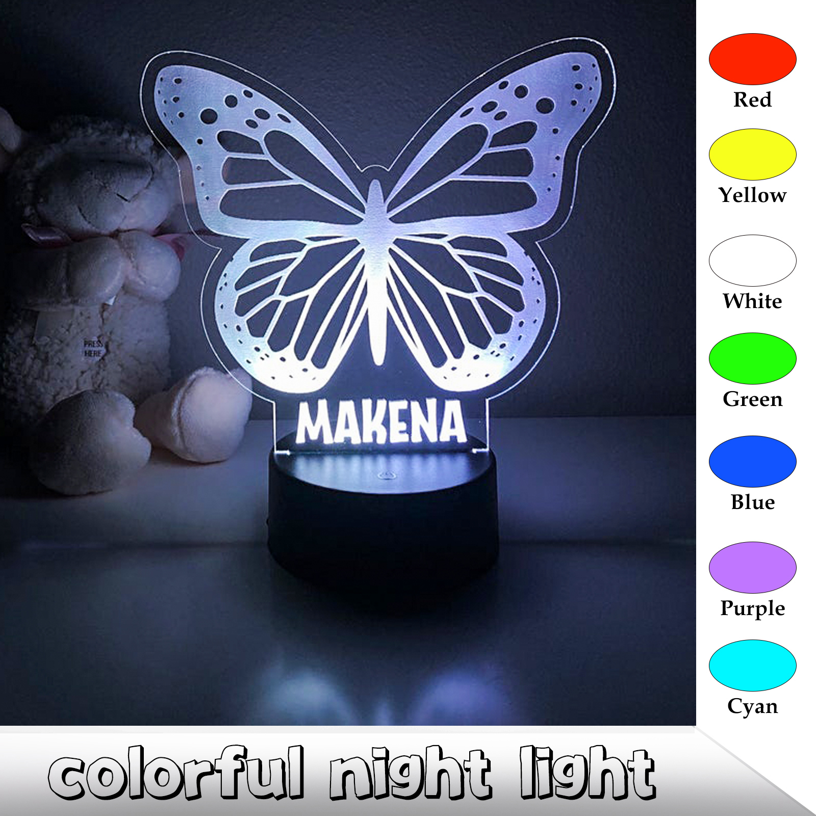 Personalized Butterfly Night Light Custom Kid's Name Changeable Color Lamp