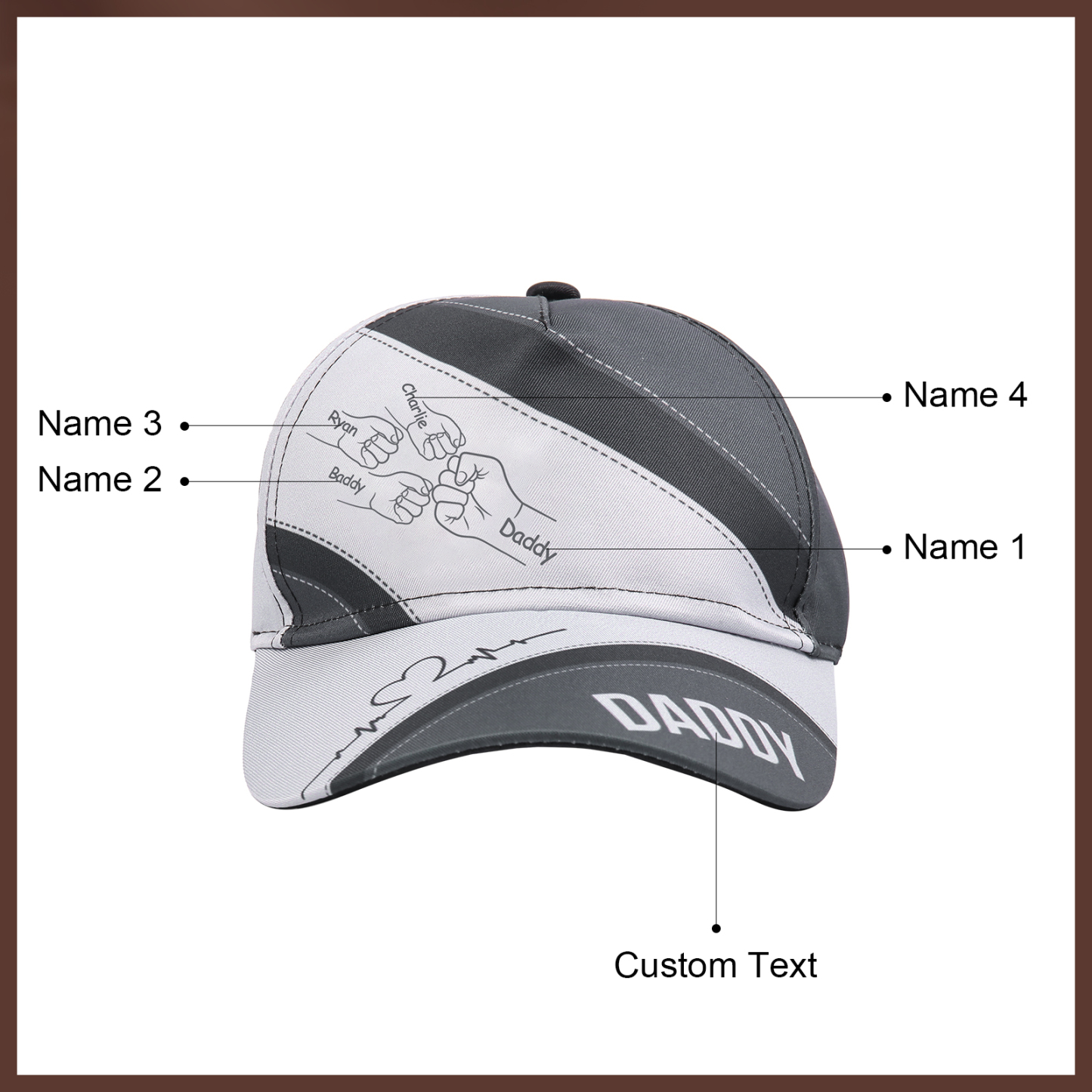 Personalized Fist Bump Classical Baseball Cap Custom 4 Names & 1 Text Snapback Adjustable Gift for Dad/Grandpa/Husband