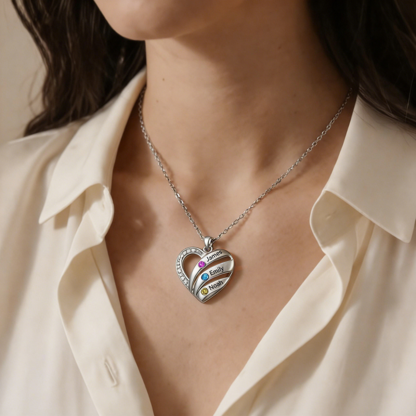 Personalized Heart Necklace with Birthstones, Customized with 3–5 Names and Stones