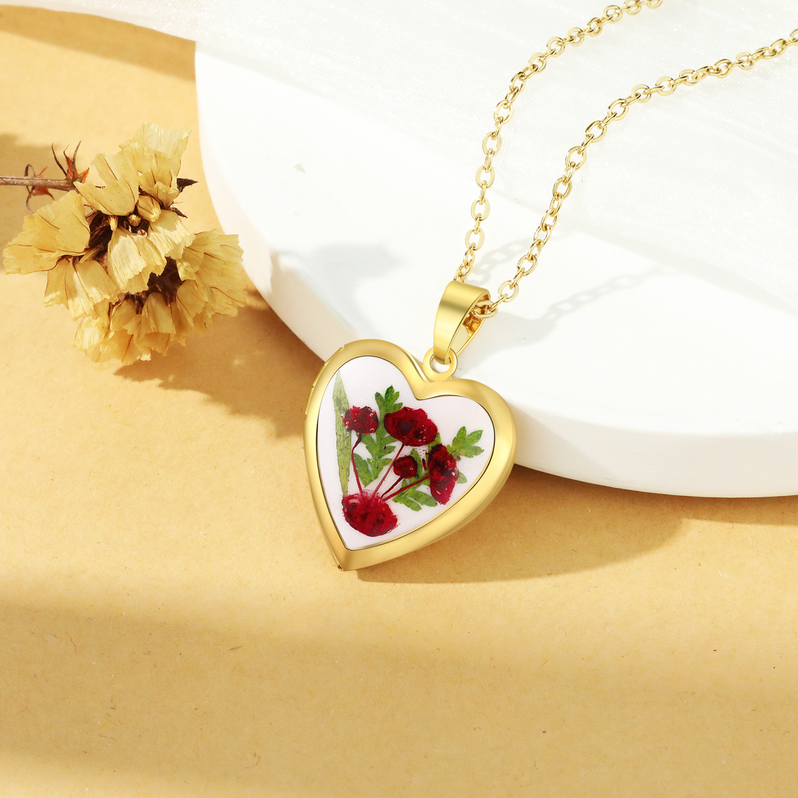 Personalized Heart Locket Necklace with Birthday Flowers and 2 Photos