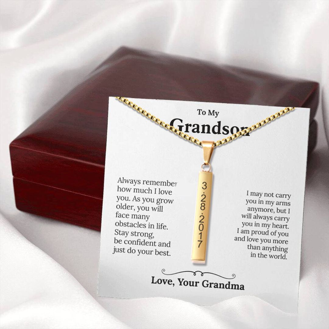 To My Grandson Vertical Bar Necklace Personalized 4 Side 3D Bar Necklace for Grandson