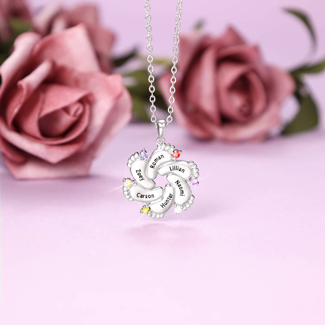 Baby Feet Necklace Custom 5 Birthstone Family Gifts for Mother