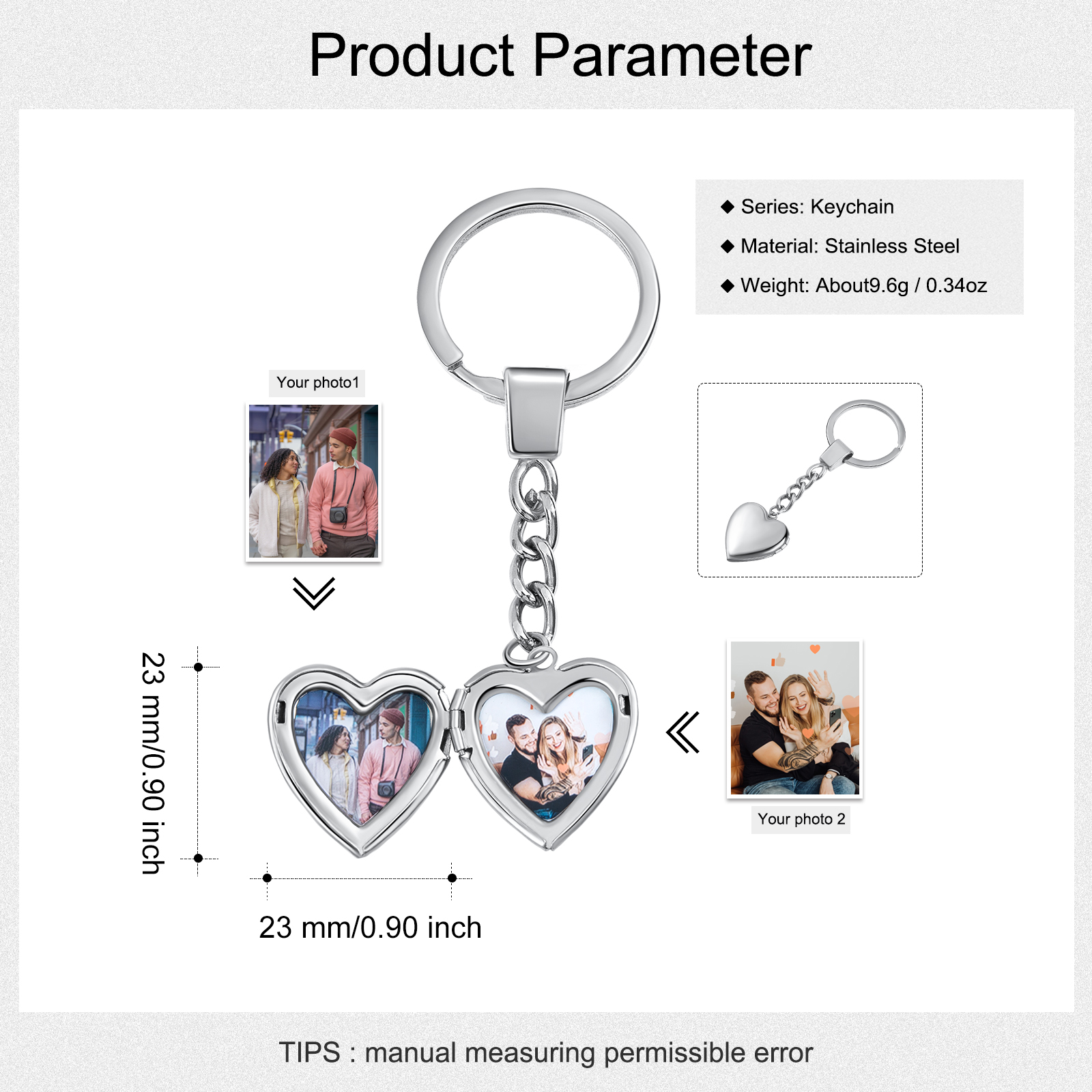 Heart Photo Locket Keychain In Silver Personalized 2 Photos Gift for Couple
