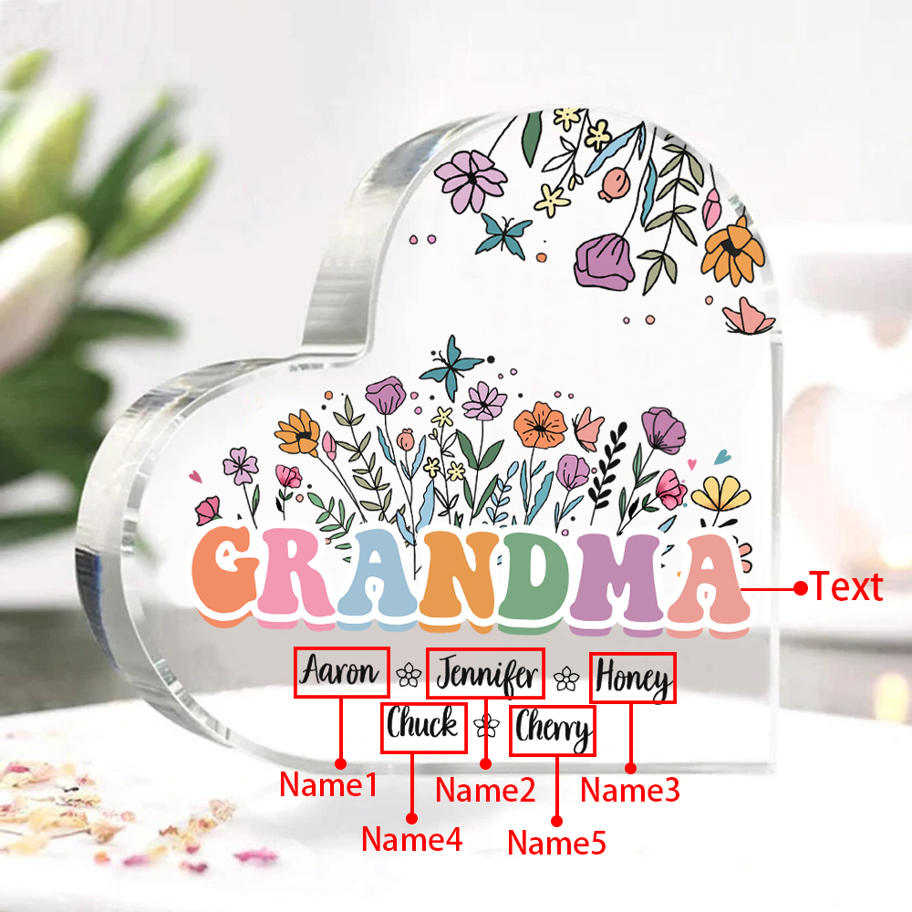 Personalized Flowers Acrylic Heart Plaque Custom 1 Text & 1–10 Names Ornament Gifts for Grandma/Mother