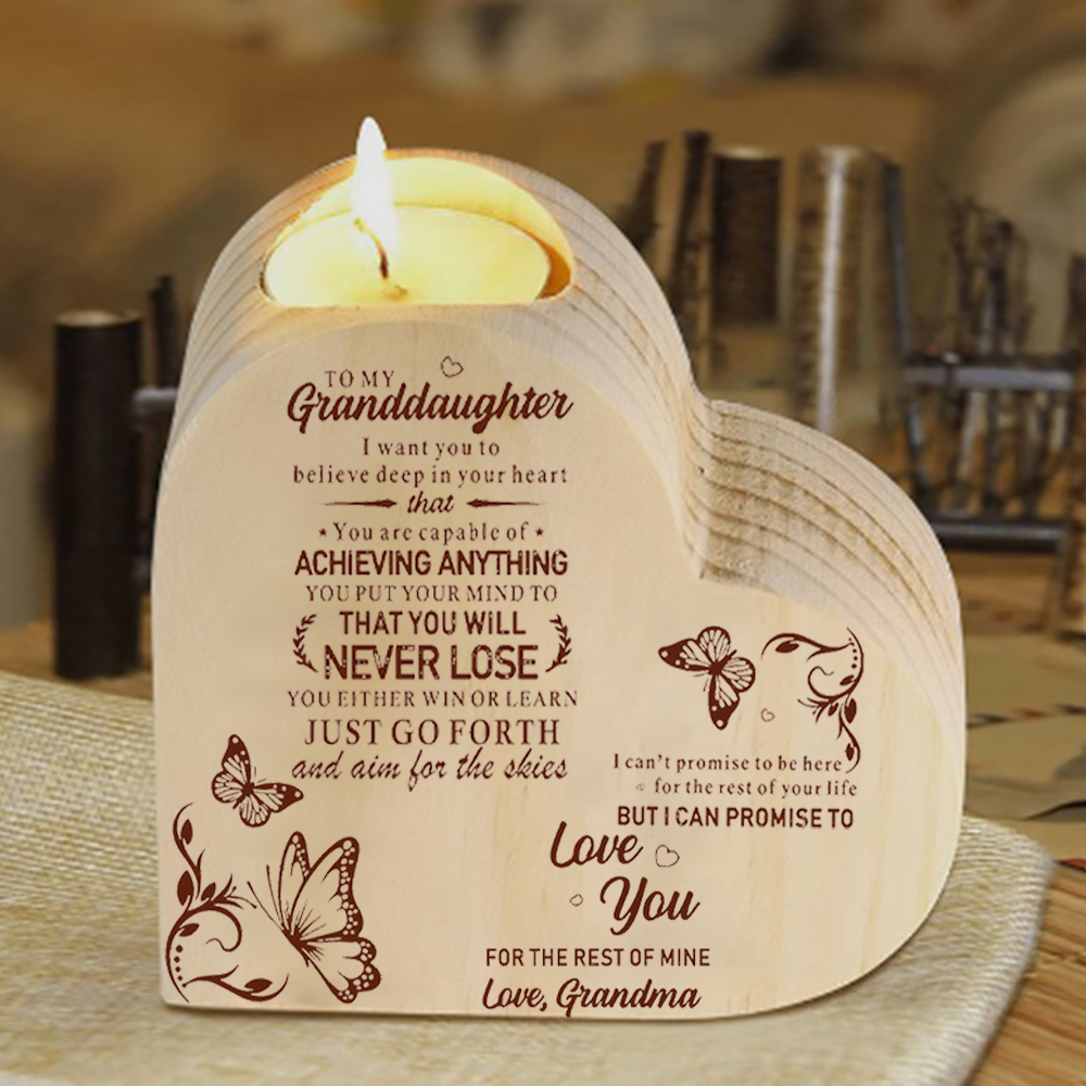 To My Granddaughter Wooden Heart Candle Holder "believe deep in your heart"