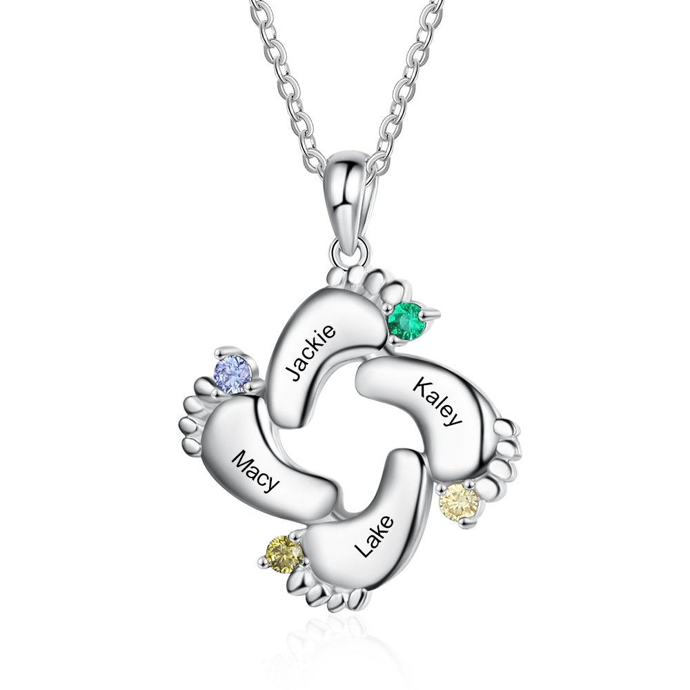 S925 Baby Feet Pendant Necklace with 1-4 Birthstones Engraved Names Gift for Mother