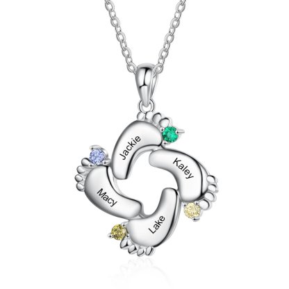 S925 Baby Feet Pendant Necklace with 1-4 Birthstones Engraved Names Gift for Mother