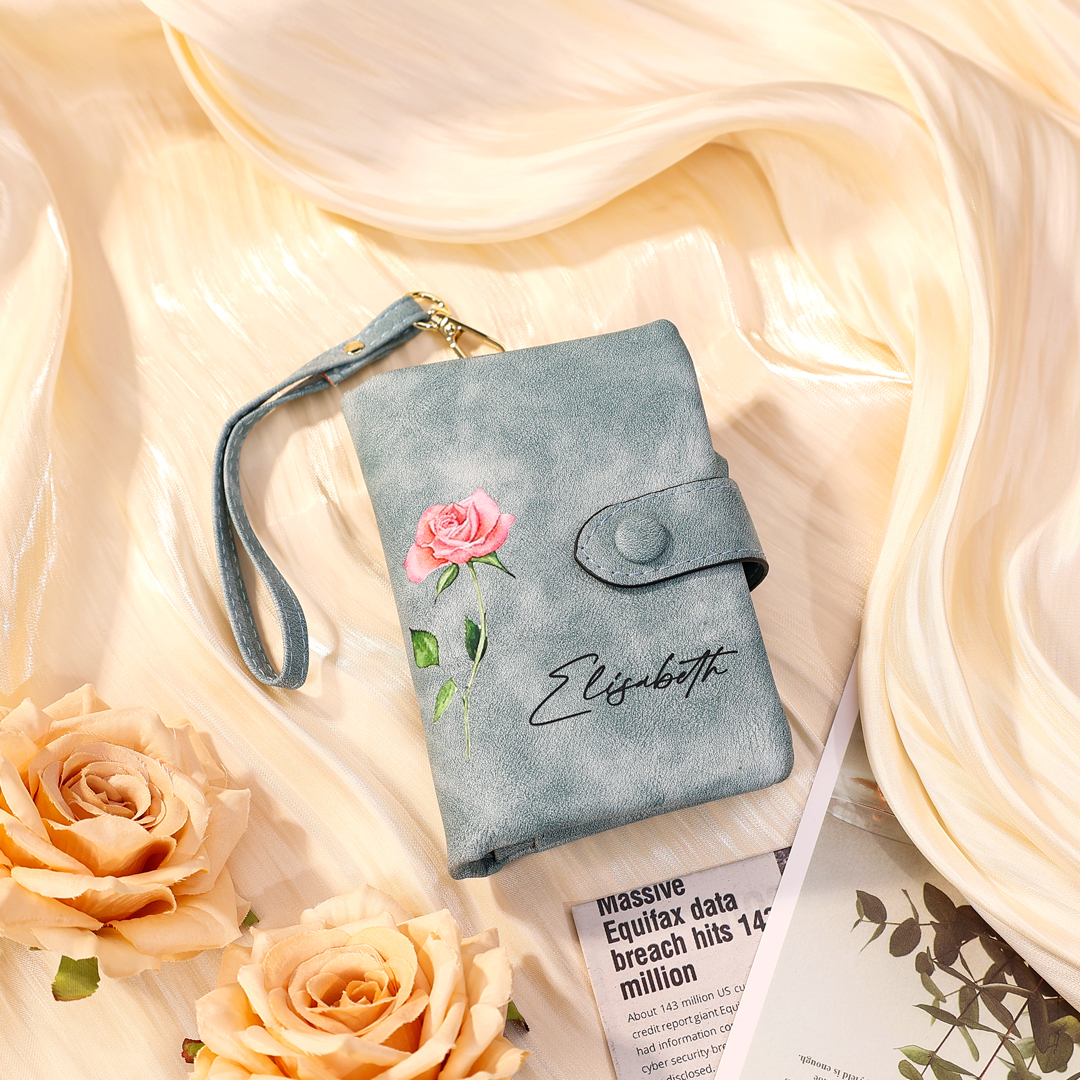 Personalized Women's Leather Wallet Custom 1 Birth Flower & 1 Name Wallet Gift for Her