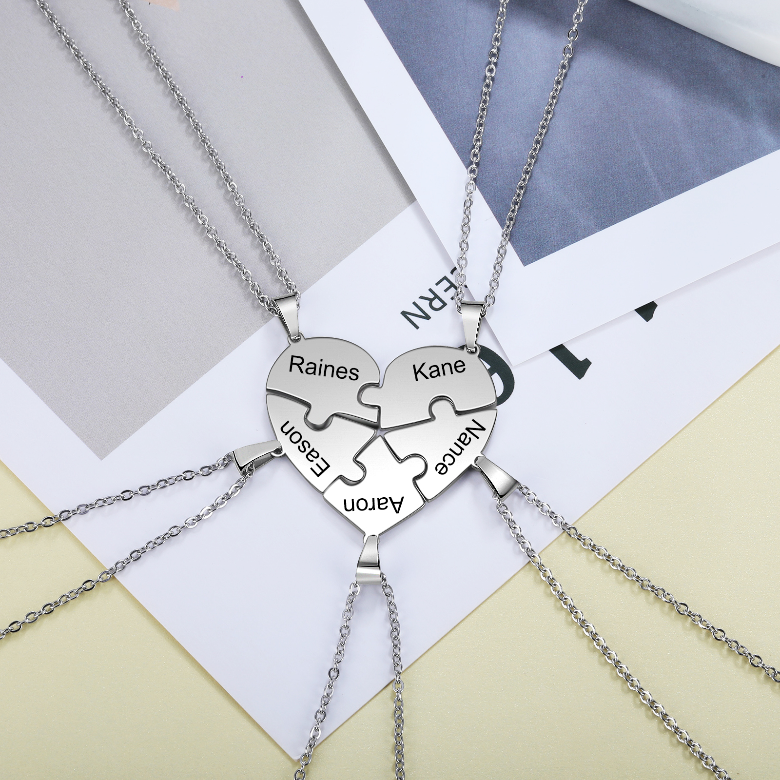 Personalized Heart Puzzle Necklace Engraved 5 Names Gifts for Family