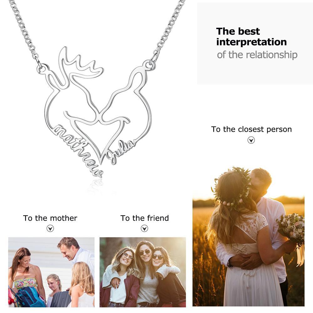 Heart Shape Christmas Deer Name Necklace Personalized 2 Names