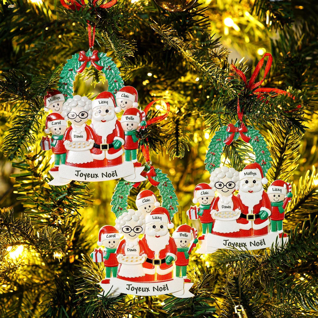 Santa Family Ornament Custom 6 Names Grandparents with Grandkids Ornament