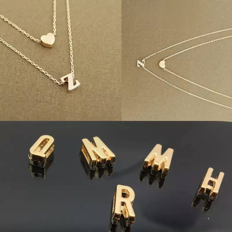 Custom Initial Name Necklace Layered with Heart Charm Necklace