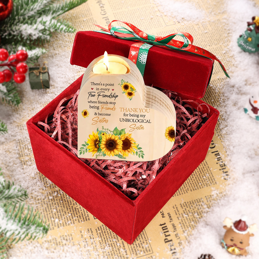 To My Bestie Heart Candle Holder "Thank You for Being My Unbiological Sister" Sunflower Wooden Candlestick Gifts For Friend