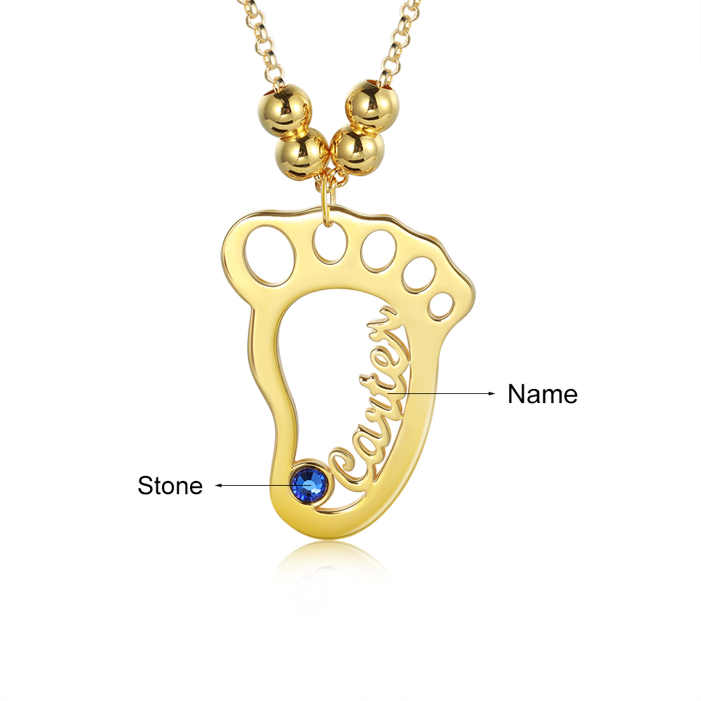 Baby Feet Name Necklace Hollow Feet Engraving 1 Name with Birthstone