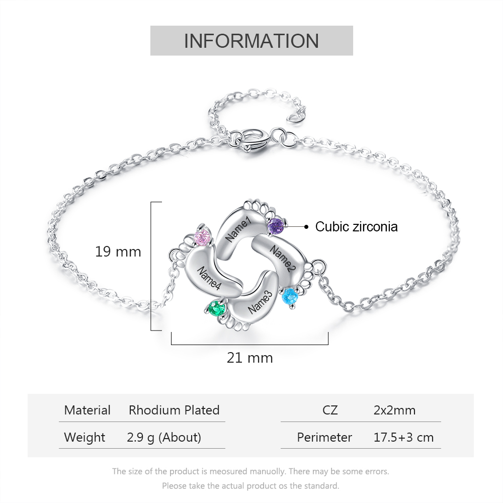 Baby Feet Pendant Bracelet with 4 Birthstones Engraved 4 Names
